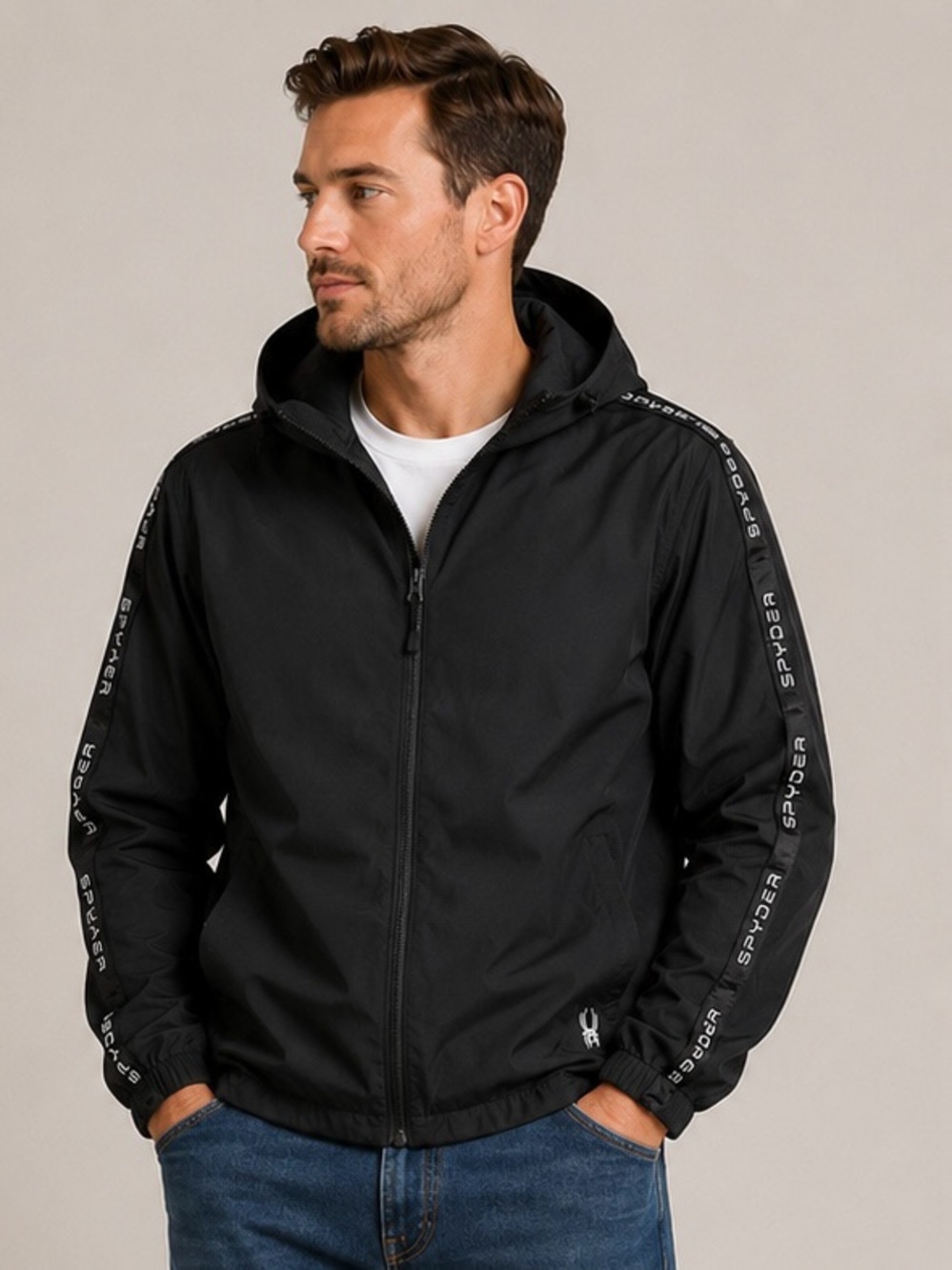 Spyder Windbreaker Size L Men’s Black Hooded Full Zip Lightweight